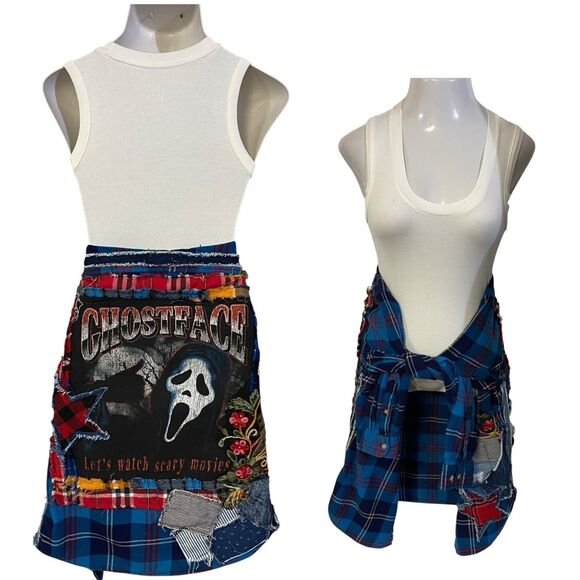 Upcycled Flannel Shirt Womens Large Shacket Ghostface Grunge Scary Movies Blue - Picture 4 of 16
